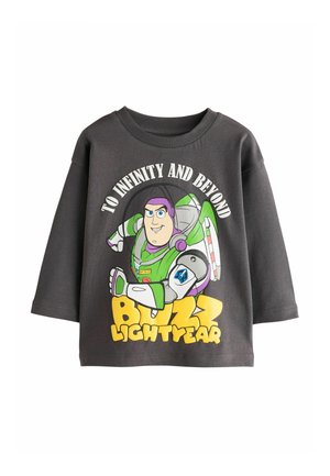 Ciemnoszara koszulka z długim rękawem z kolorową grafiką Buzz Lightyear i tekstem "To Infinity and Beyond" u góry.
