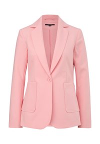 Blazer rose clair cintré avec une fermeture à un bouton, deux poches à rabat devant et des revers crantés.