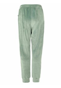 Hellgrüne Velours-Jogginghosen mit einer weichen Textur, elastischem Bund und eng anliegenden Bündchen an den Knöcheln. Keine zusätzlichen Taschen sichtbar.