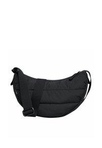 Musta puolikuun muotoinen tikattu olkalaukku, jossa säädettävä paksu hihna ja vetoketjusuljenta, valkoisella taustalla.