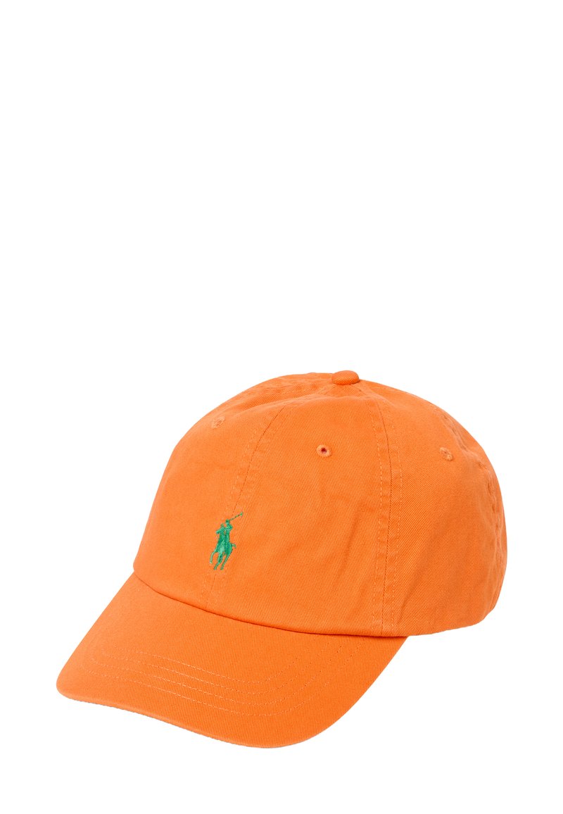 Oranje katoenen baseballpet met een groen geborduurd logo. Beschikt over een gebogen klep en zes ventilatie-oogjes. Zachte, gestructureerde stof.