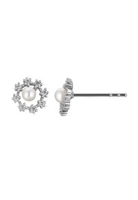 Silver stud earrings featuring a central pearl surrounded by a floral design of small clear gems. Smooth texture with polished finish.