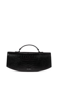 Black handbag with a crocodile texture, curved shape, and a top handle. Features a subtle logo at the front and sleek, glossy finish.
