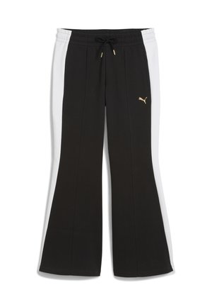 Schwarz-weiße Sporthose mit taillierter Passform, elastischem Bund, Kordelzug und goldenem Puma-Logo am linken Oberschenkel.