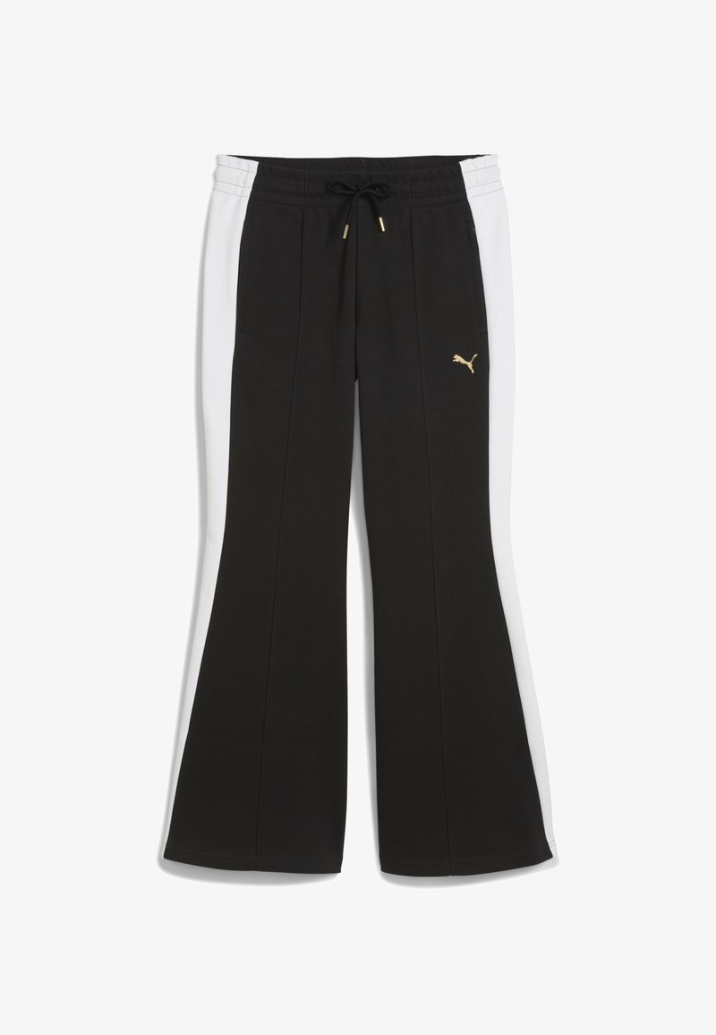 Schwarz-weiße Sporthose mit taillierter Passform, elastischem Bund, Kordelzug und goldenem Puma-Logo am linken Oberschenkel.