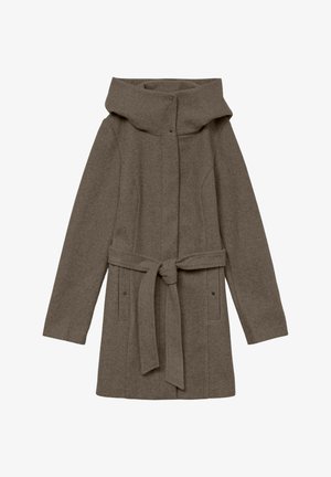 Brązowy płaszcz z mieszanki wełny z wysokim kołnierzem, wiązaniem w pasie i bocznymi kieszeniami. Charakteryzuje się gładką teksturą i nowoczesnym, czystym krojem.