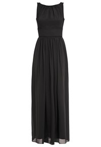 Robe maxi noire sans manches avec encolure froncée, taille cintrée et jupe fluide en tissu léger.