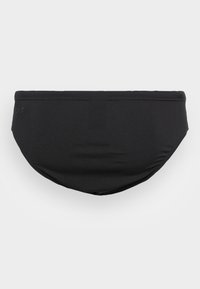 Bikini de bain noir avec une texture lisse, un design taille basse et une ceinture élastique. Simple, couleur unie sans motifs ni accents.