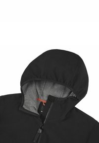 Schwarze, leichte Jacke mit grauem Innenfutter an der Kapuze, halbem Reißverschluss und elastischem Kapuzenrand. Glattes, strapazierfähiges Gewebe.