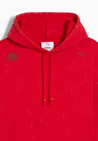 Rood capuchontrui van zacht materiaal, met grijze logo's op de borst en schouder. Bijpassende koordjes en metalen uiteinden voegen detail toe.