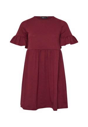 Burgundin värinen trikootunika, jossa on pyöreä pääntie, lyhyet röyhelösleeveet ja koottu vyötärö rentoa istuvuutta varten. Sujuva rakenne, polvimittainen muotoilu.