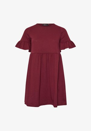 Abito in jersey bordeaux con scollatura rotonda, maniche corte arricciate e vita arricciata per un fit rilassato. Texture liscia, design fino al ginocchio.