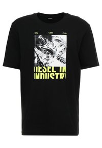 Black cotton T-shirt featuring a graphic print of a motorcycle on the front, with bold yellow text reading "DIESEL IN INDUSTRY" below.