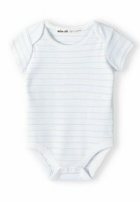 Bodysuit za bebe s kratkim rukavima u svijetloplavoj boji s bijelim prugama, izrađen od mekanog pamučnog materijala, s kopčanjem na dnu za lakše oblačenje.