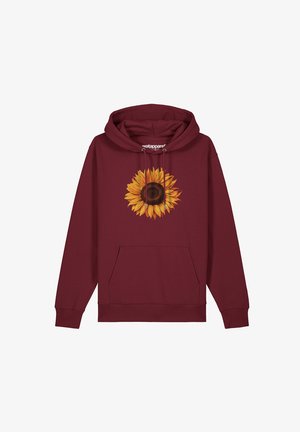 Bordeaux hoodie met een zonnebloemafbeelding op de voorkant, voorzien van een voorvak en een trekkoordsluiting. Zacht, gestructureerd stof.