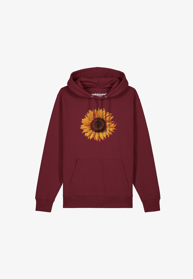 Bordeaux hoodie met een zonnebloemafbeelding op de voorkant, voorzien van een voorvak en een trekkoordsluiting. Zacht, gestructureerd stof.