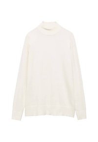 Pull à col roulé crème, manches longues, texture en tricot douce, coupe décontractée, fentes sur les côtés à l'ourlet, design minimal sans motifs ni embellissements.