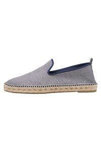 Chaussure à enfiler bleu et blanc à motif, avec une semelle en jute et un dessus en tissu texturé. Dotée d'un bout arrondi et d'un dos bas.