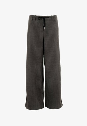 Pantalones de pierna ancha en gris oscuro con Rayas verticales. Hechos de una tela suave, cuentan con una cintura elástica y un corte relajado.