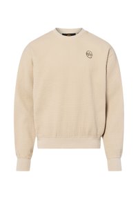 Beige sweatshirt met wafelstructuur, ronde hals, ribbels aan de mouwen en onderkant, met een klein groen logo op de borst.