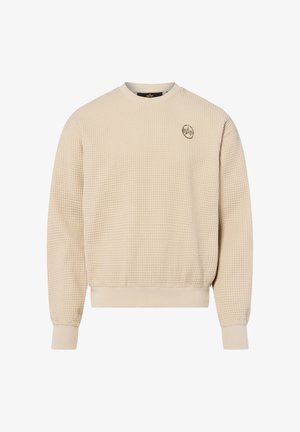 Beige Sweatshirt mit Waffle-Struktur, rundem Ausschnitt, gerippten Bündchen und Saum, mit einem kleinen grünen Logo auf der Brust.