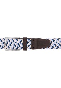 Woven belt z niebieskim, białym i granatowym wzorem, z metalową klamrą w kolorze srebrnym i brązowymi skórzanymi akcentami. Teksturowany, elastyczny design.