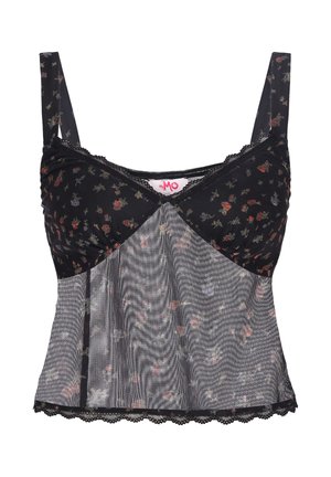 Camisole en maille noire à motif floral avec bretelles réglables, bordure en dentelle et panneau inférieur transparent.