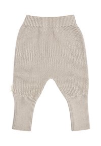 Beige knitted baby pants with ribbed waistband and cuffs, featuring a textured pattern and a small fabric label on the left side.