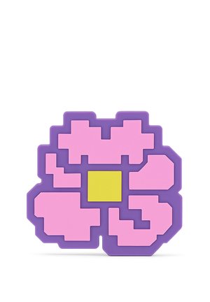 Pixeliseret blomst med lilla kant, lyserøde blokformede kronblade og en gul firkantet midte på hvid baggrund.