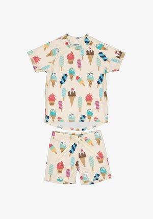 Kinderkorte mouwen shirt en short set met een patroon van meerkleurige ijsjes en waterijsjes op een crèmekleurige achtergrond.