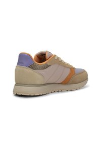 Tan and purple sneaker with a smooth leather upper, textured accents, beige suede detail, and contrasting orange elements on the side.