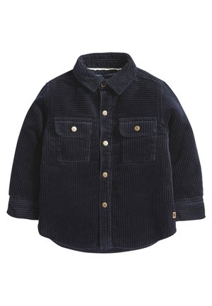 Marinefarbener Cordhemd mit langen Ärmeln, zwei vorderen Taschen, goldfarbenen Knöpfen und einer weichen, strukturierten Oberfläche. Mit Kragen, entspannte Passform.