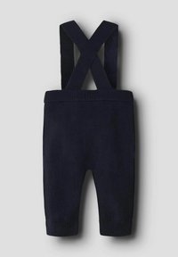 Salopette in maglia navy con bretelle a forma di X, vita a costine e polsini. Tessuto morbido, design aderente e senza motivi visibili.