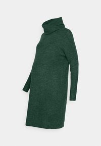 Grön ullblandad polokrageklänning med långa ärmar, avslappnad passform och ribbad struktur, som sträcker sig till midtlårslängd.