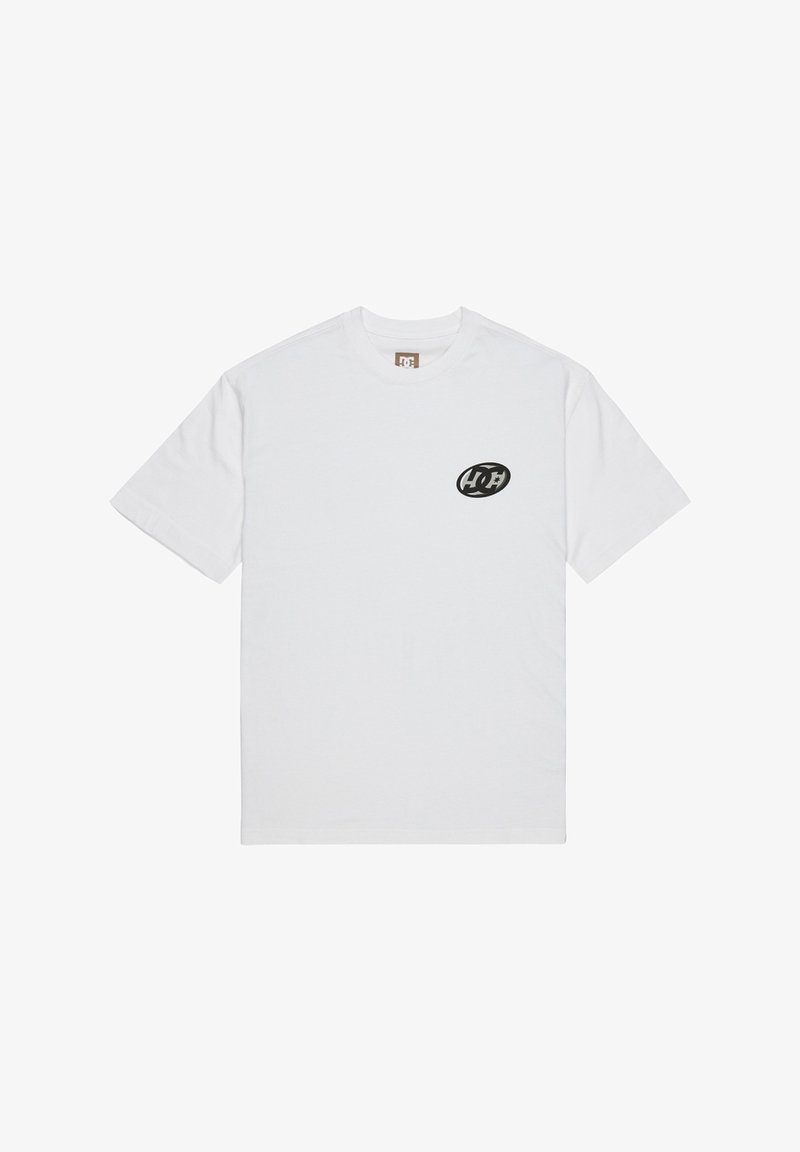 Biała bawełniana koszulka z krótkim rękawem, z małym czarnym logo po lewej stronie klatki piersiowej oraz klasycznym okrągłym dekoltem.
