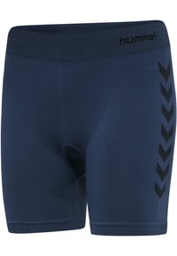 Pantaloni sportivi blu navy realizzati in un tessuto liscio, con vita a costine e accenti a zig-zag neri lungo i lati.