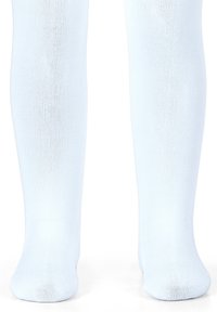 Light blue knee-high socks made of soft, stretchy material featuring a ribbed texture and smooth toe seams for comfort.