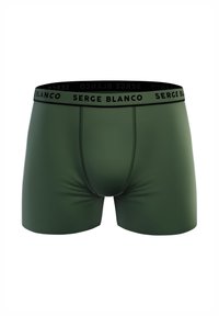 Boxers pour hommes de couleur vert foncé, confectionnés en tissu lisse. Ils possèdent une ceinture élastique noire avec le logo "SERGE BLANCO". Design uni sans motifs.