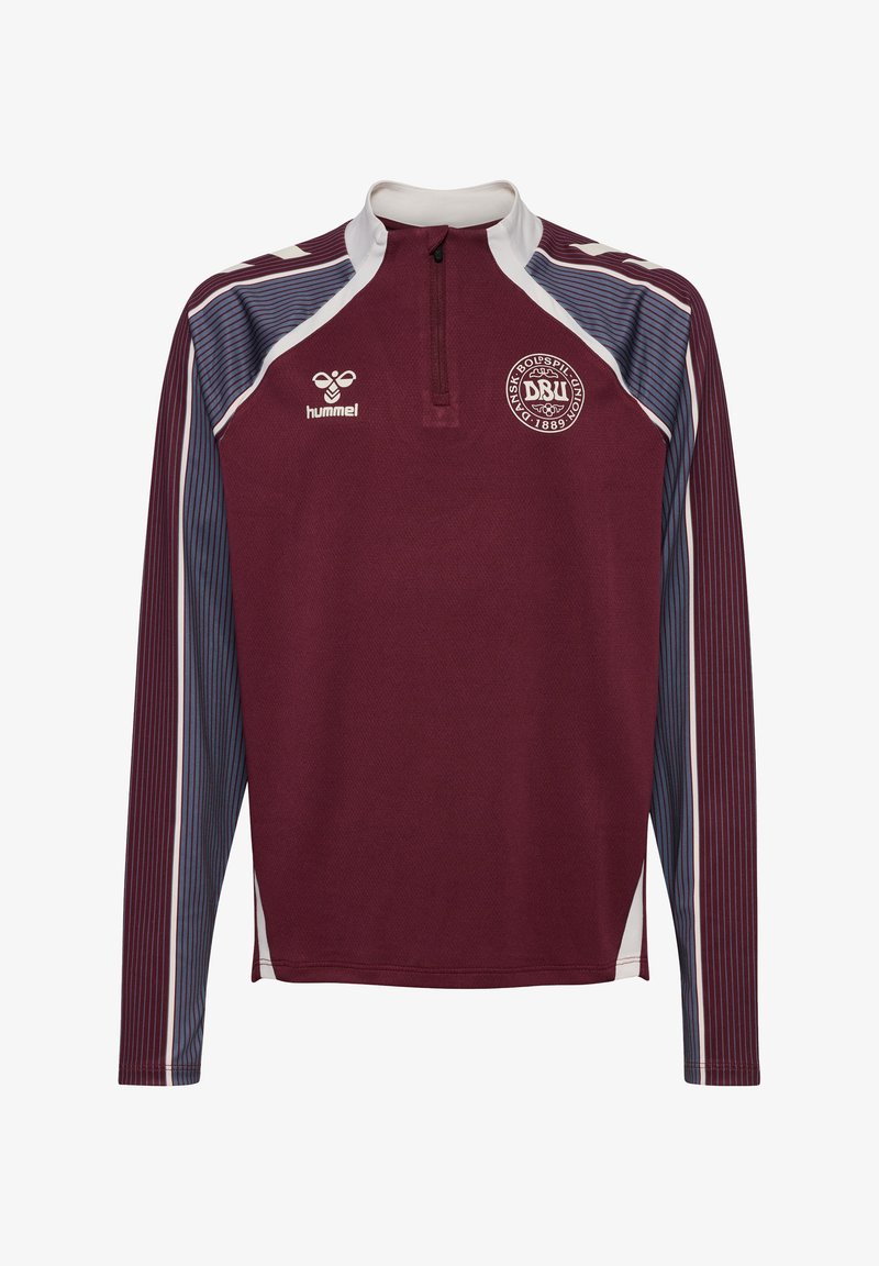 Maroon quarter-zip long-sleeve shirt with blue and white striped sleeves, featuring a circular logo and high collar. Made of textured material.