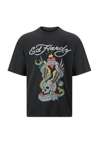 Black cotton t-shirt featuring a graphic design of a skull, eagle, and snake, with "Ed Hardy," "New York," and "City" text in vibrant colors.