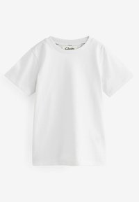 T-shirt en coton blanc à manches courtes, col rond et texture lisse et unie. Étiquette visible à l'intérieur du col.