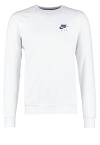 Witte sweatshirt met lange mouwen, ronde hals, geribbelde boorden en zoom, met een blauw Nike Air-logo op de linkerborst.