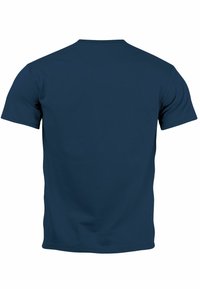 Navy blue short-sleeve t-shirt with a round neck. Smooth fabric texture. Plain design, no patterns or visible hardware.