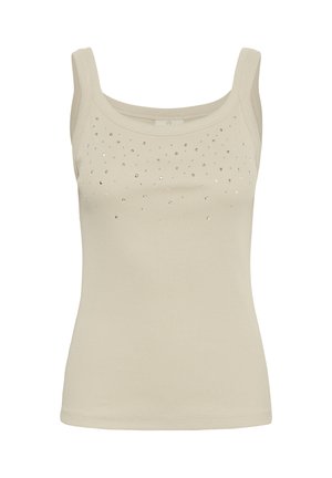 Beige geribd tanktop met brede schouderbanden en verspreide kleine zilveren studs over de borst.