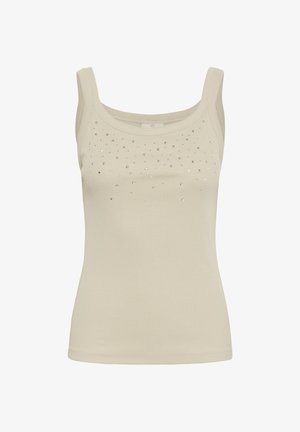 Beige ribbed tank top with wide shoulder straps and scattered small silver studs across the chest.