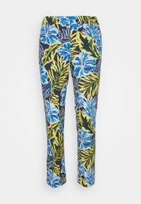 Pantalon slim à motif floral tropical en bleu, vert et jaune sur un fond sombre, présenté sur un fond blanc.