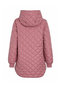 Veste matelassée mauve avec capuche, manches longues, poignets élastiques et coutures en forme de losange, vue de dos sur fond blanc.