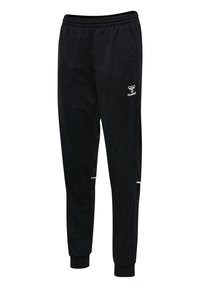 Pantalon de sport noir avec taille élastique, poches latérales, chevilles resserrées et un petit logo blanc Hummel sur la cuisse droite.