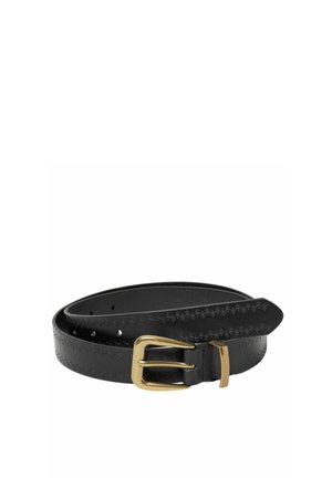 Black leather belt with decorative stitching and a brass rectangular buckle, coiled on a white background.