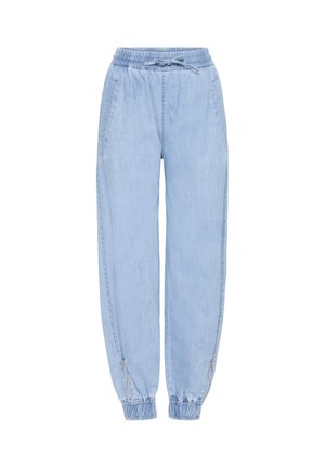 Lyseblå joggingbukser i denim med elastik i taljen, snøre, sidelommer og elastiske manchetter med lynlås.